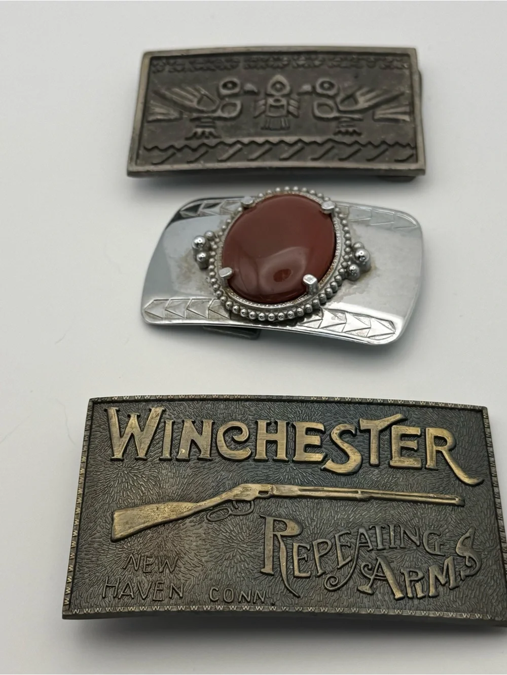 Winchester Brass & Silver Belt Buckle Trio with Carnelian Accent